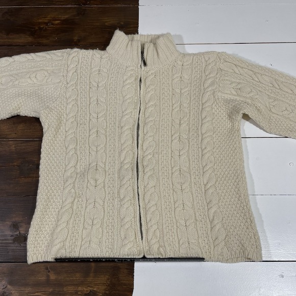 Inis Crafts Full Zip Cable Knit Sweater Sz M Ivory Merino Wool Ireland - Picture 2 of 7